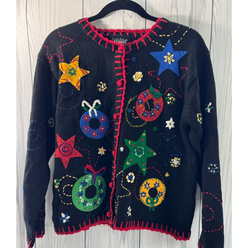 VTG Designer Originals Studio Holiday Embroidered Cardigan Sweater Med